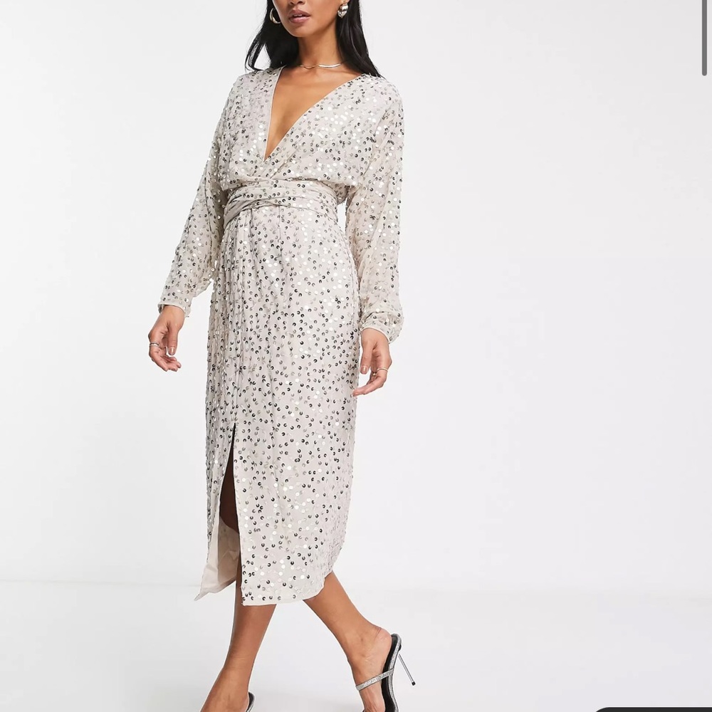 ASOS DESIGN midi dress with batwing sleeve and wrap waist in scatter sequin
